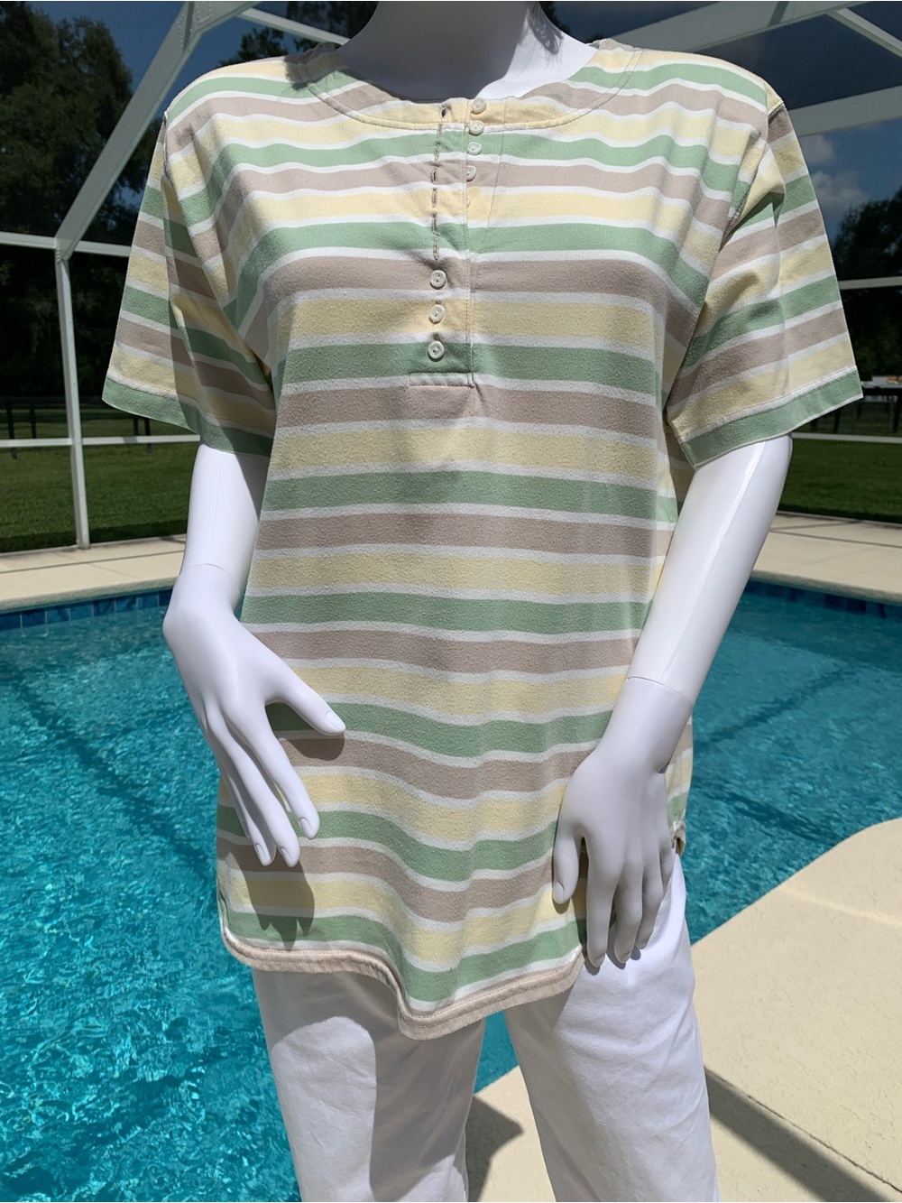 Coral Bay soft green, Pale Yellow & Beige horizontal Striped Henley